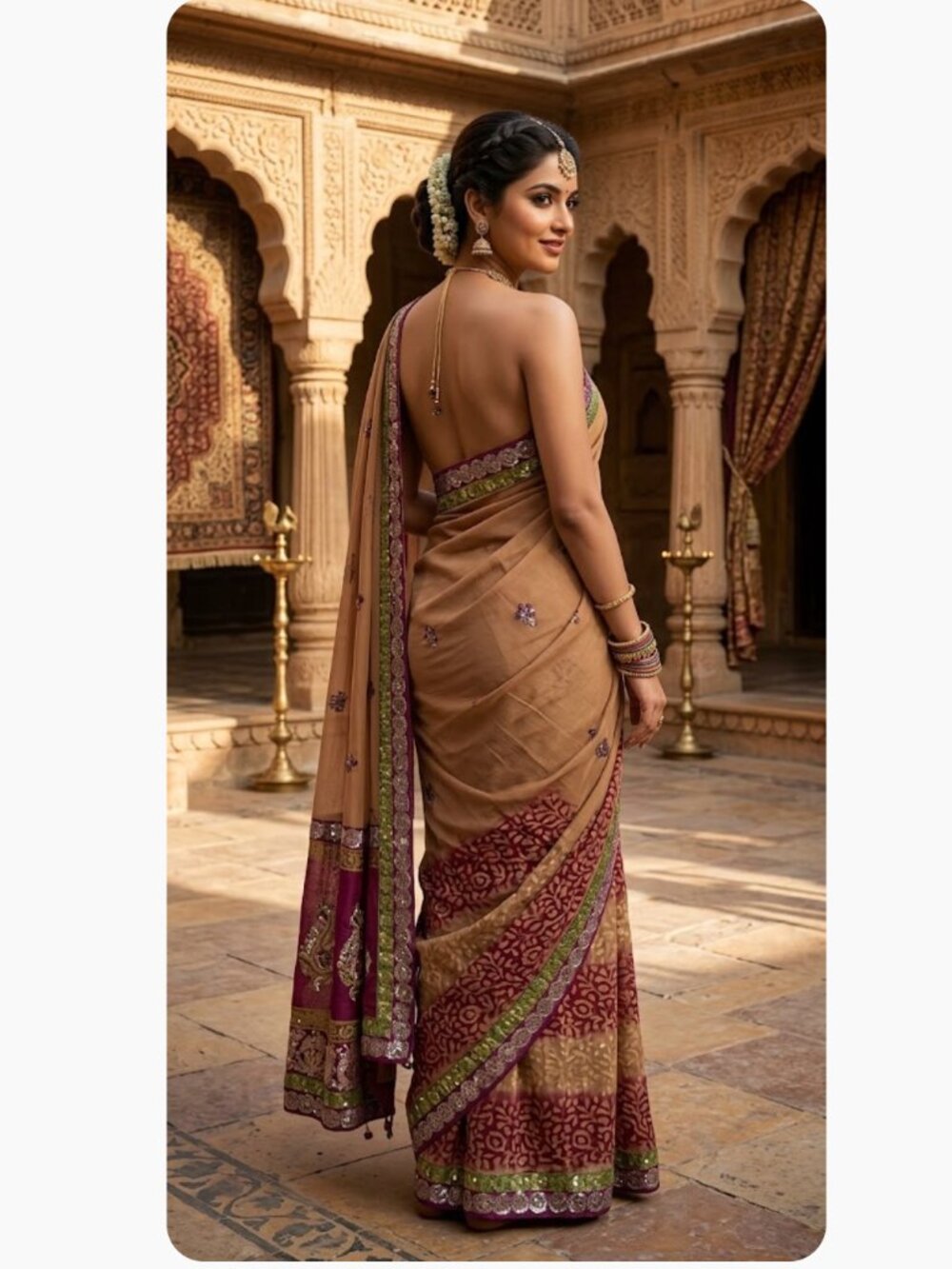Beige Embroidered Saree Purple Green Border Sequined Floral Traditional Indian